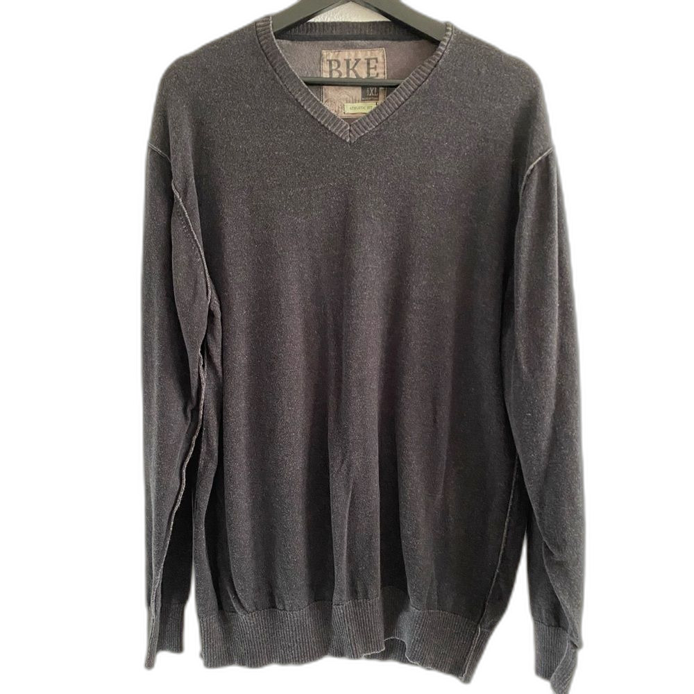 Preppy XL Men's V-Neck Gray Sweater Inside Out Hem Retro Y2K Minimalist UB1-33